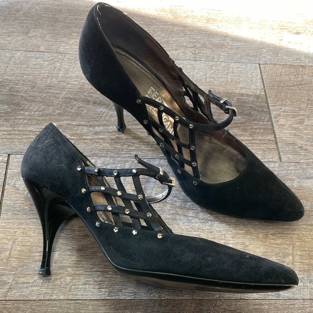 Salvatore Ferragamo Black Velvet Heels with Crystal Lattice Design Vintage